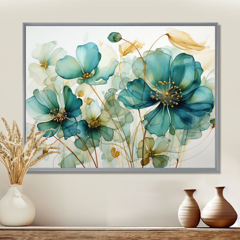 «Teal Green Organic croissance - Abstract Botanicals», art mural, H 12 po x l 20 po, Encadrement argenté