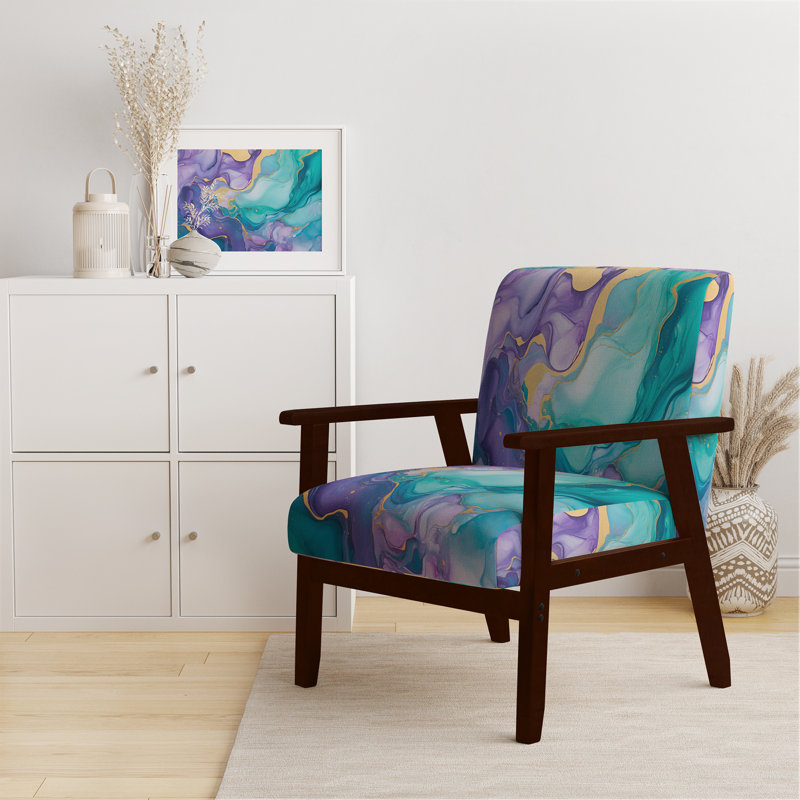 Berdahl Marble Upholstered Armchair, Turquoise/Purple Polyester, Brown Square Arms