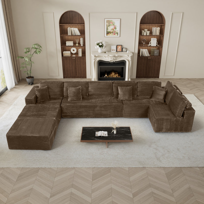 177"W Oversized Modular Corduroy Sectional Sofa with Deep Seating Neck Roll Pillows, Light Brown Corduroy
