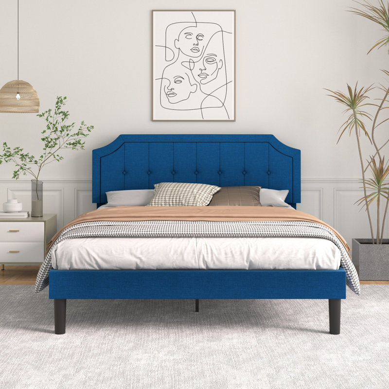 Sietje Bed with Button Tufted Upholstered Headboard, Strong Wooden Slats Queen Size Platform Bed Frame, No Box Spring Needed, Easy Assembly, Blue