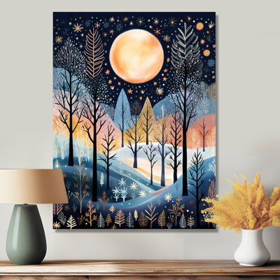 Pleine lune sur les bois d'hiver de Noël - impression d'art mural forêt