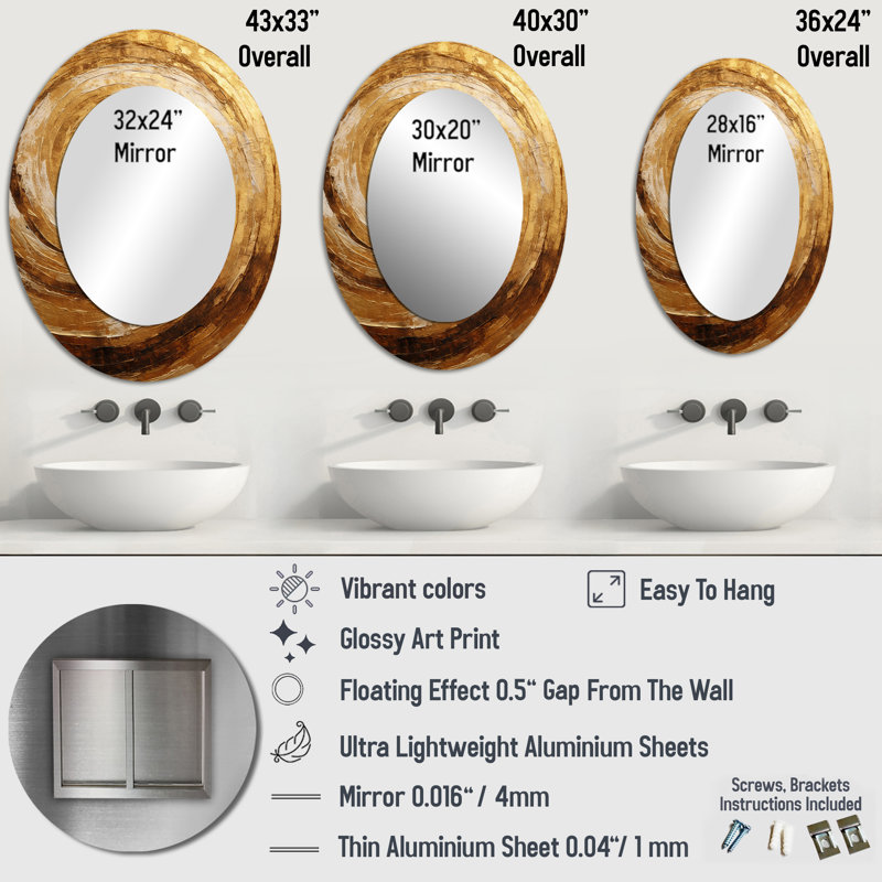 Grand miroir mural ovale brun en métal avec spirale moka doré, 43 po x 33 po