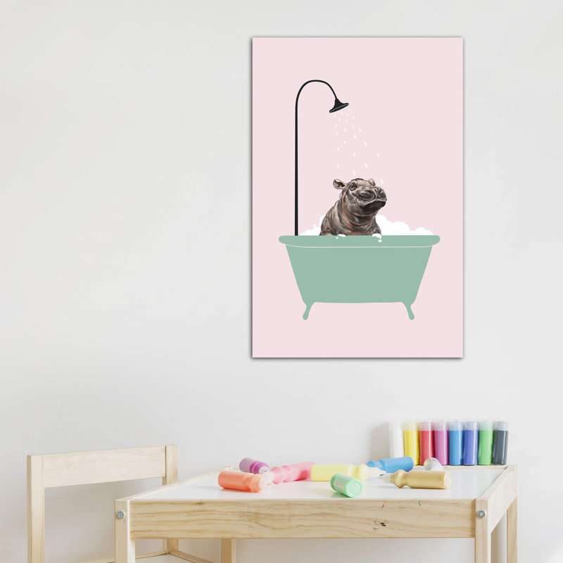 Hippopotame dans une baignoire, art encadré, H 48 po x l 32 po x P 1,5 po, Toile tendue