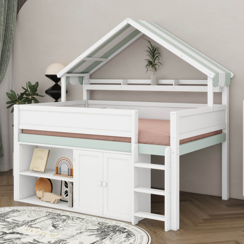 Full Size Low Loft Bed With Canopy Roof, Loft Bed With Storage Cabinet, Open Shelves & Roof Design, House Shaped Bed Frame