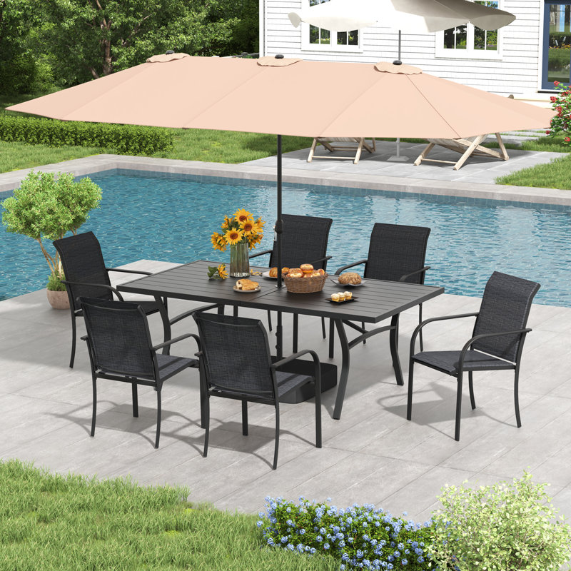 6-Person Rectangular Patio Dining Set With Umbrella, Beige, Charcoal, Black