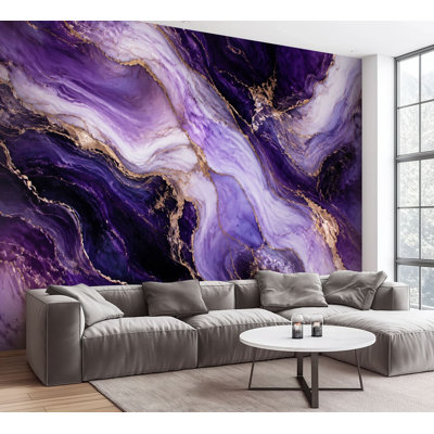 Wall Mural Peel and Stick Wallpaper Elegant Purple Gold Marble Abstract Fluid Design Self-Adhesive Removable Contact Paper Wall Decor for Living Room Bedroom 100"H x 144"W