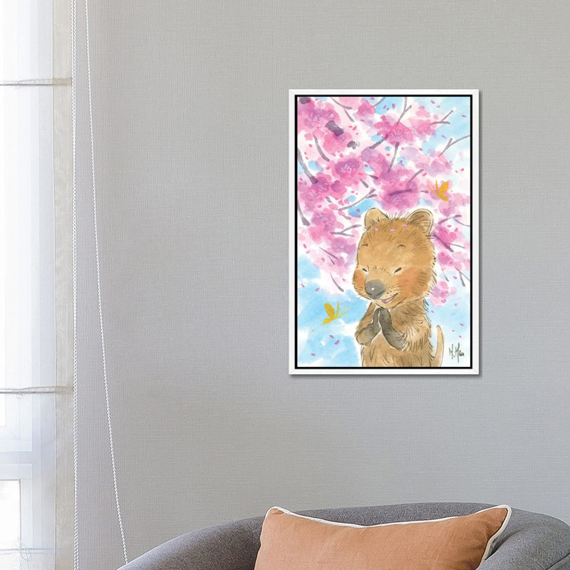 Cherry Blossom Quokka by Martin Hsu - Painting on Canvas, White Framed, 66.04 cm H x 45.72 cm W