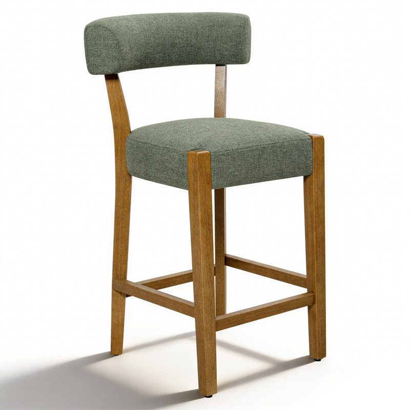 26" Upholstered Counter Height Bar Stool with Solid Wood Frame, Green Linen / Brown Frame, 1
