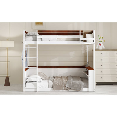 Grand lit superposé en bois blanc avec tablettes intégrées, boîte de rangement, éclairage à DEL et crochets pour une optimisation de l'espace de chambre à coucher avec station de charge, fonctionnalité de vêtements en métal