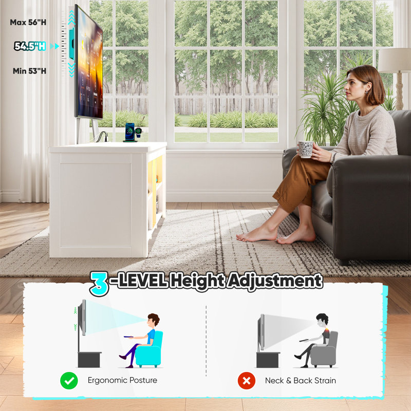 Meuble télé réglable avec support pivotant, éclairage DEL et prises électriques, centre multimédia pour téléviseurs de 32 à 70 pouces, console de jeux avec rangement ouvert