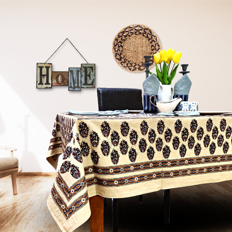 Hand-Printed Beige and Black Cotton Floral Tablecloth
