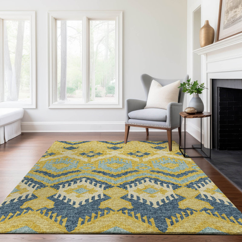 Tapis jaune Premium Alliah AMF108 lavable à la machine, Rectangle de 10 pi x 14 pi