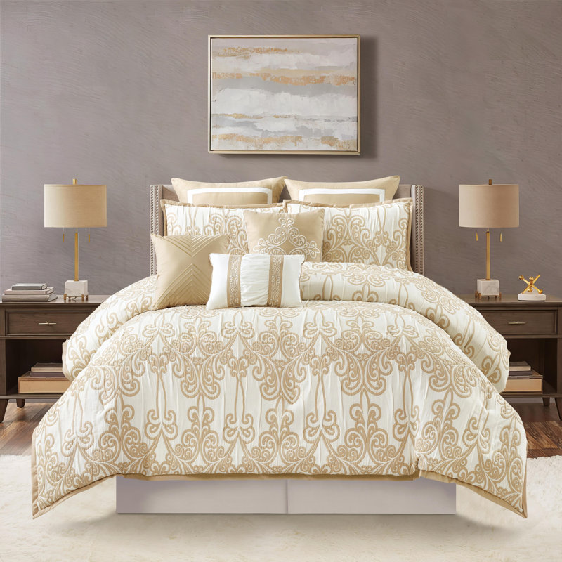 Dilona Traditional Scrolls Comforter Set, King Comforter + 8 Additional Pieces, Beige