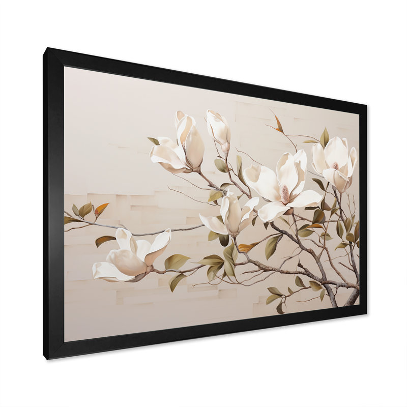 Magnolias rêveuses beiges en fleurs II, Cadre simple noir, H 12 po x l 20 po x P 1 po