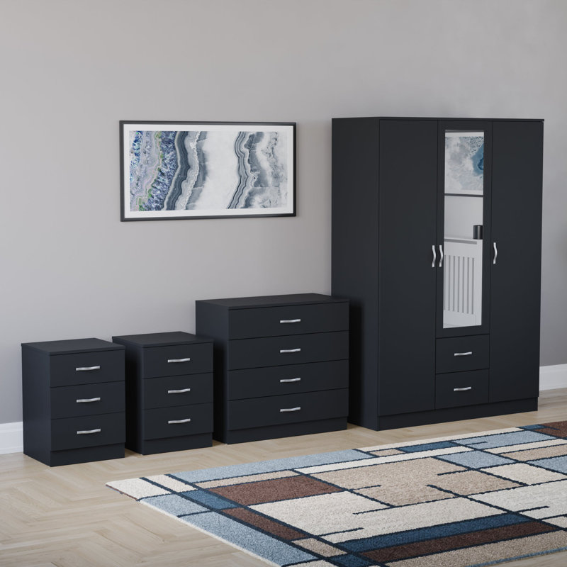 Tayce 4 Piece Bedroom Set (3 Drawer Bedside Chest X2, 4 Drawer Chest, 3 Door 2 Drawer Mirrored Wardrobe), Black