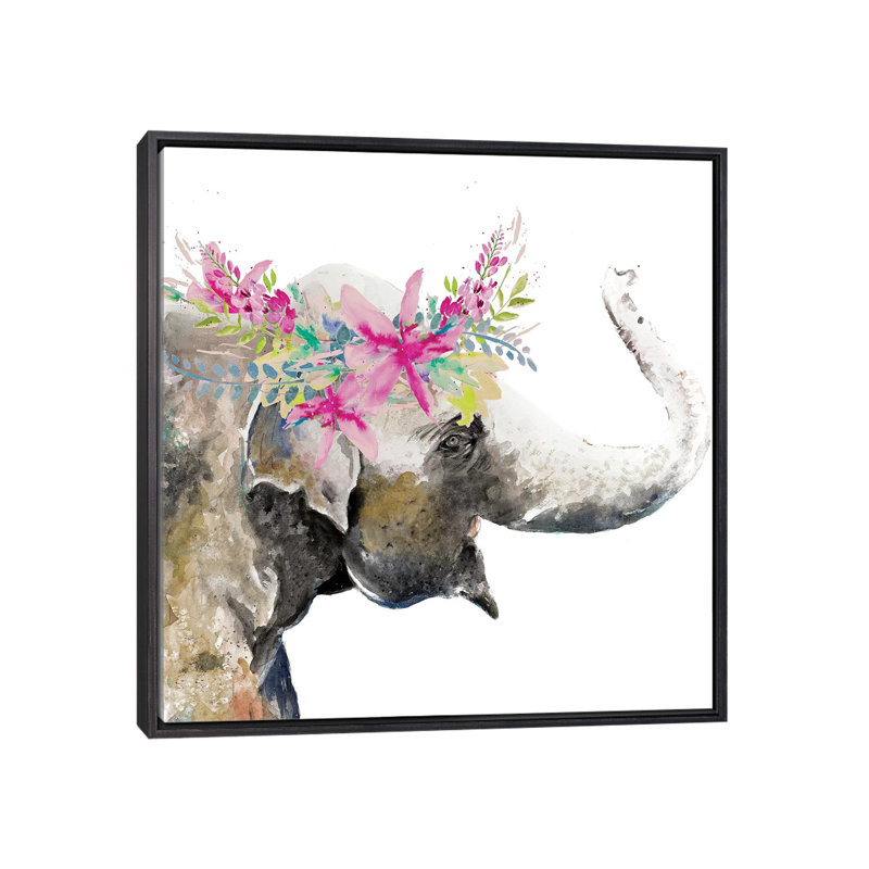 Éléphant d'eau avec couronne de fleurs par Patricia Pinto - reproduction d'art, H 26 po x l 26 po x P 1,5 po, Pas de tapis