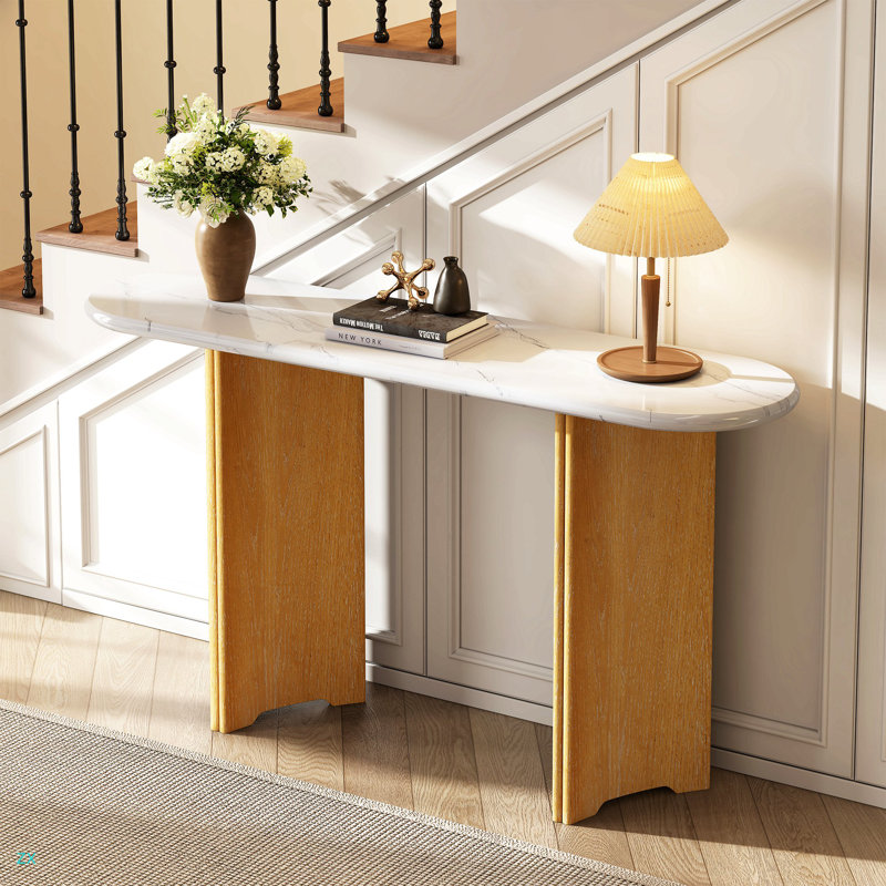 Console étroite, table de hall d'entrée avec plateau ovale en faux marbre, table de canapé rustique avec pieds incurvés, table d'appoint de couloir pour l'entrée et le salon