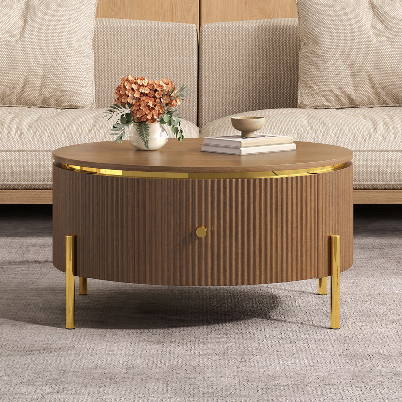 Table basse ronde moderne avec 2 grands tiroirs de rangement, brun, 31,5 po