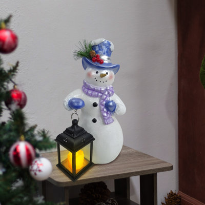 Lavender Winter Snowman Holding Lantern Statue w/Flash LED-SM