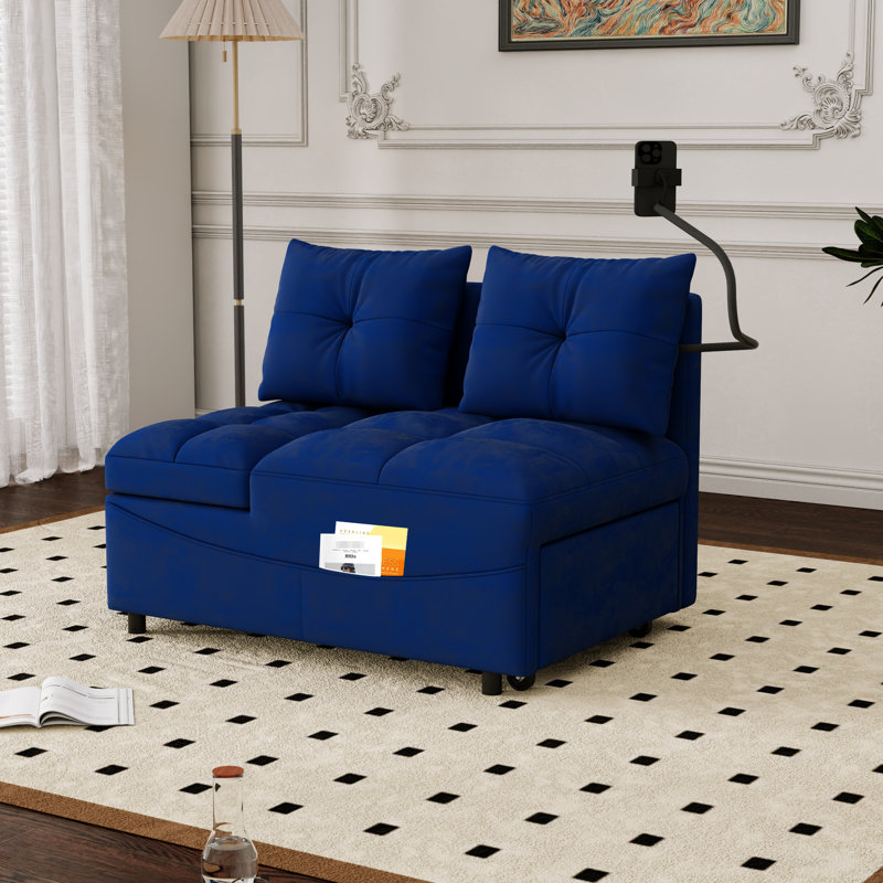 Lit d'invité moderne en velours bleu - dossier réglable de 105 à 180 degrés, conception, support de téléphone pliable pour plus de confort