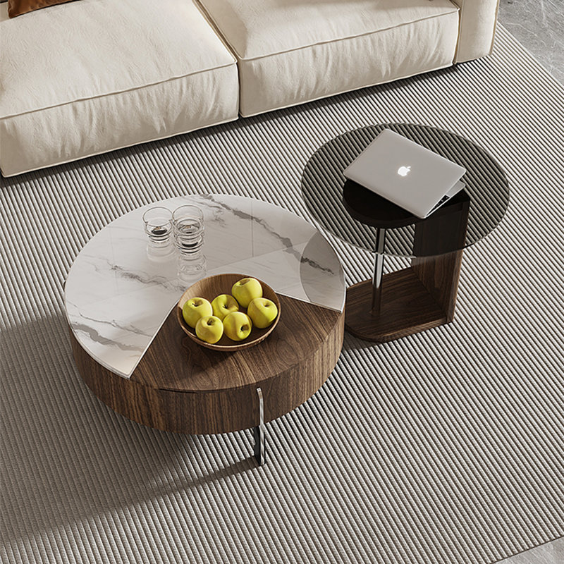 Table basse ronde en pierre micro-cristalline, Noir / acier inoxydable / noyer, Blanc / transparent / noyer foncé