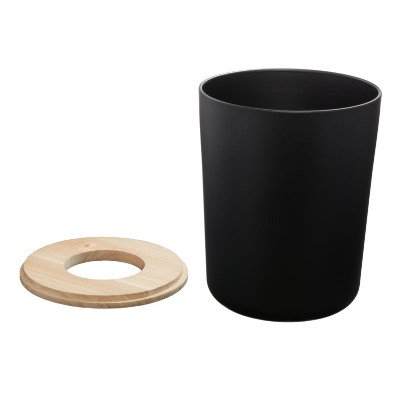 iDesign Eco Vanity Ceramic Steel Waste Basket with Wood Lid, Matte Black/Natural Wood