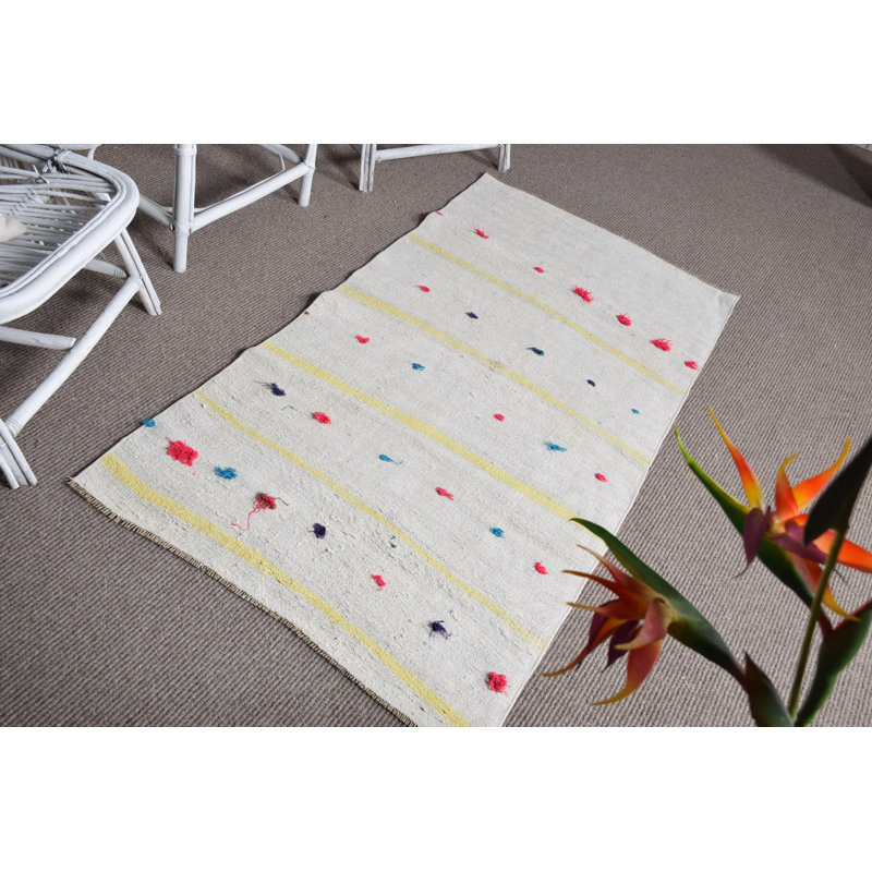 Tapis rétro en chanvre Oushak à rayures beige: idéal pour la cuisine ou la maison de campagne