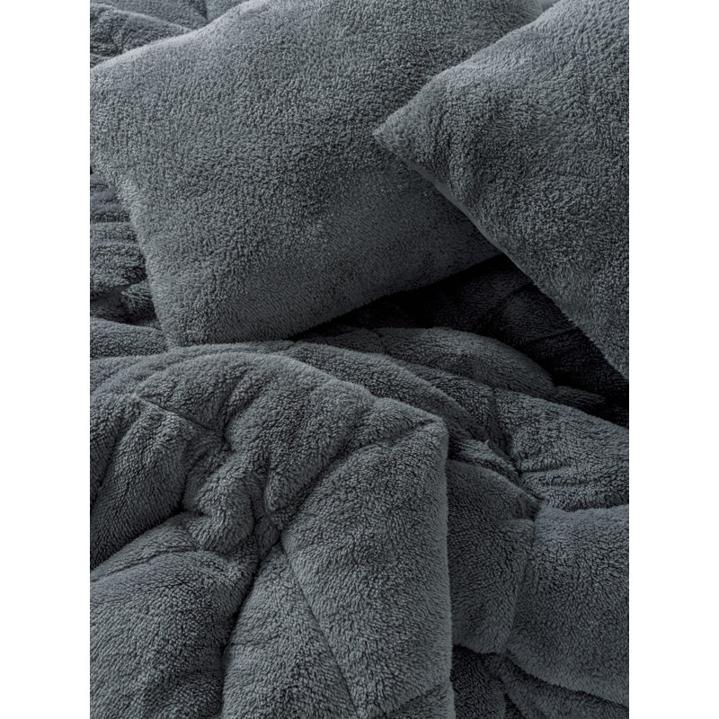 Ensemble d'édredon en molleton Everly Teddy, Gris, Courtepointe double + 2 coussins