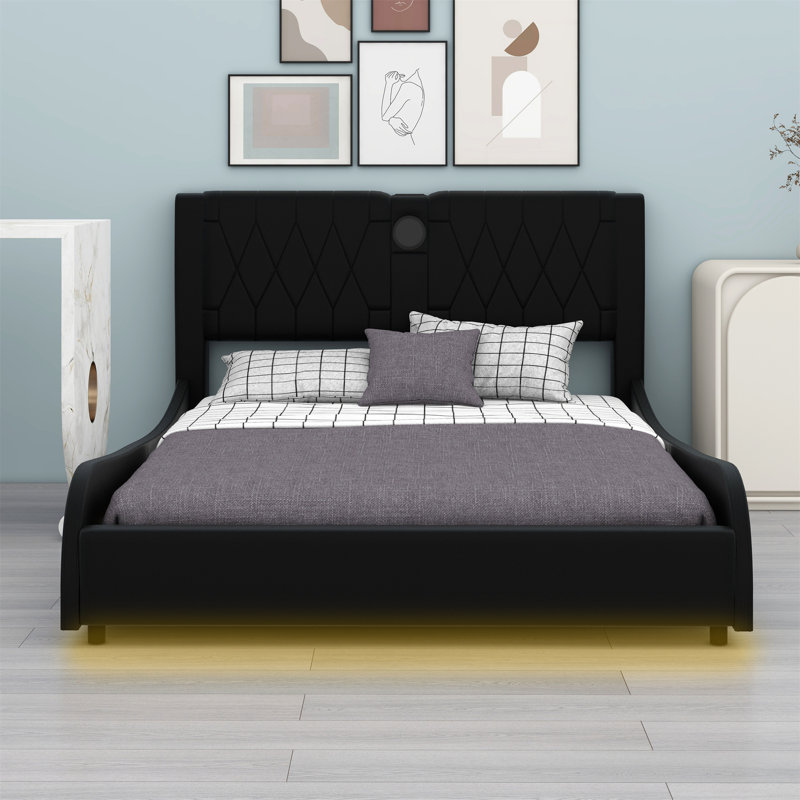 Upholstered Platform Bed With Thickened Headboard, Bluetooth Speakers And RGB LED Light, Black