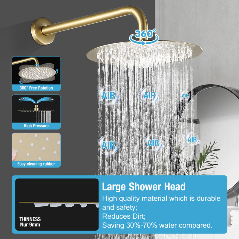 Modern Round Shower System, Rain Shower Head with Handheld Spray, Shower Faucet Set, Brushed Gold