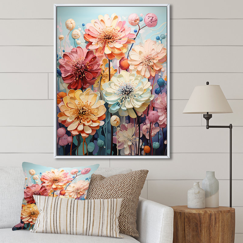 Zinnias Mute Tone Field sur impression sur toile, Cadre flottant blanc, H 44 po x l 34 po x P 1,5 po