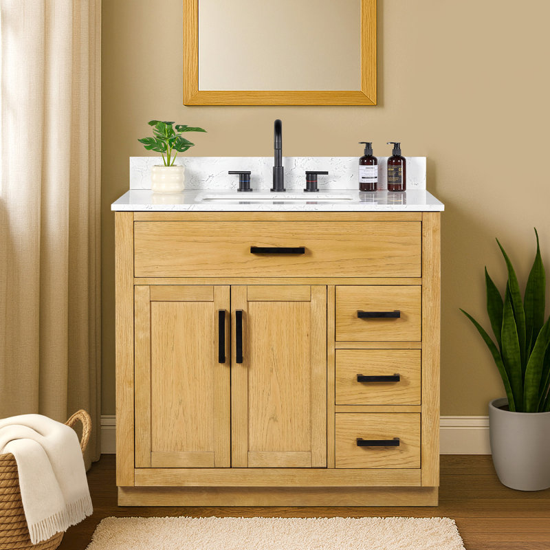 Meuble-lavabo simple 36 po avec tiroir, tablette, prise de courant et plateau en marbre d'ingénierie, Chêne brun clair