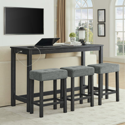 59 Inch Bar Table, Dining Table, Sofa Table With Power Outlet, 3 Upholstered Stools, 4 Piece Bar Table And Chair Set For Living Room, Dining Room, Kit by Lark Manor