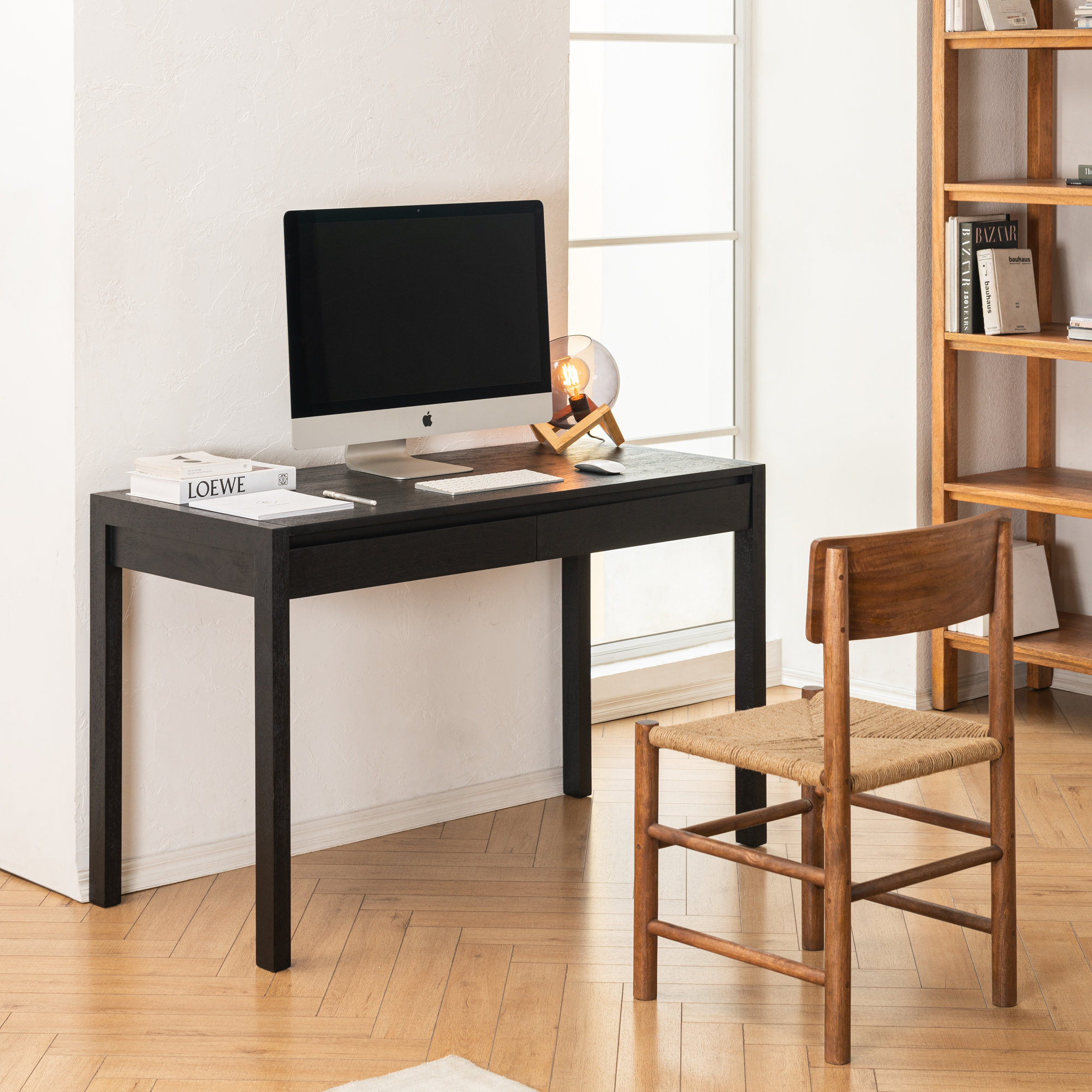 Kirisa 48" Solid Wood 2-Drawer Writing Desk, Black
