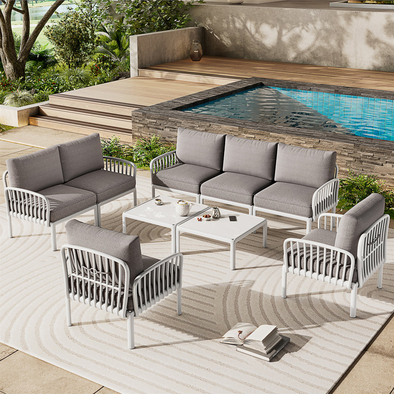 9 Piece Patio Conversation Sets, Light Gray, 9 Pieces: 2 Tables, Sofa, Loveseat, 2 Chairs, White