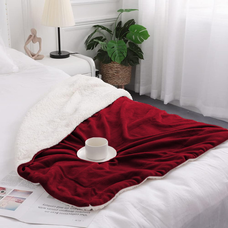 Jeté réversible en molleton Sherpa Plush - Couverture douce et chaude pour lit et canapé, Bourgogne, Jeté (50 inc. X 60 inc.)