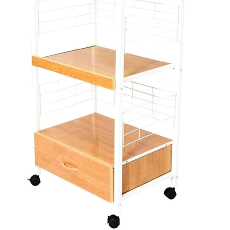 Chariot de cuisine de 59,5 po de hauteur avec 3 couches, tiroir et prise de courant, blanc naturel. Fabriqué en métal. Plates-formes en bois comprimé. Supporte 70 lb par niveau. Facile à assembler, prise à 3 sources d'alimentation, solide