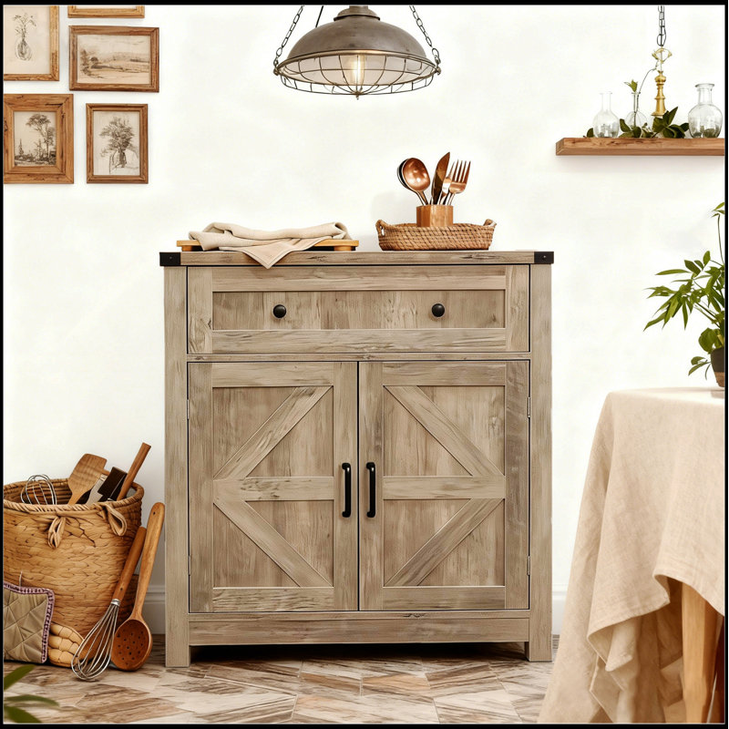 Wood Farmhouse Barn-Door Storage Cabinet, Coffee Bar Buffet Sideboard With Drawer For Kitchen & Living Room, Light Gray