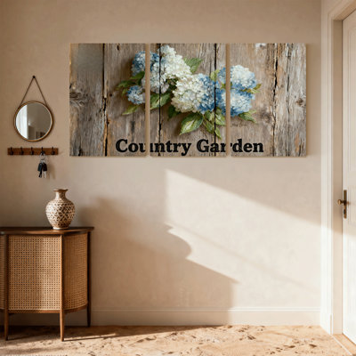 Hortensia, arrangement floral sur fond de bois rustique, ensemble de 3 impressions sur toile