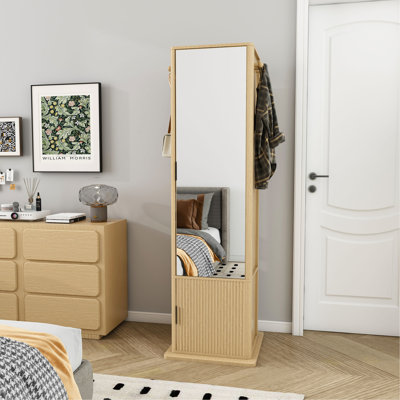 Armoire de maquillage rotative à 360 °, armoire à bijoux avec miroir pleine longueur, armoire de rangement sur pied avec porte-manteau, 4 couches de tablettes ouvertes et 2 couches de tablettes intégrées, noyer