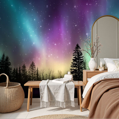 Papier peint auto-adhésif multicolore aurores boréales forêt canadienne H 69 po x l 96 po, papier peint amovible en PVC auto-adhésif pour chambre à coucher, bureau à domicile