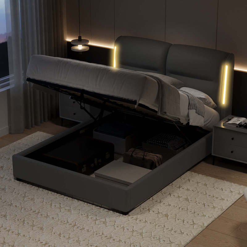 Lit plateforme hydraulique en cuir synthétique avec rangement relevable et lumières DEL à capteur, Gris clair