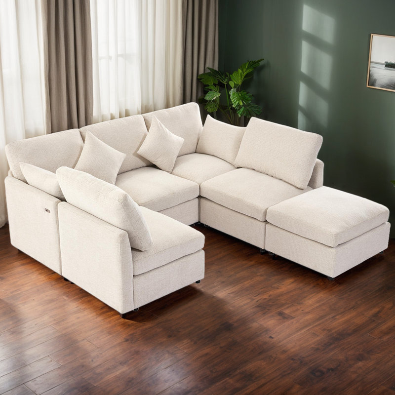 Canapé modulaire convertible avec fonction couchette et chargement USB, repose-pieds mobile, Chenille beige