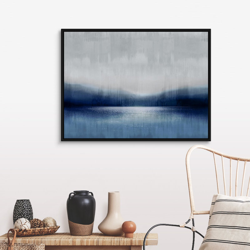 Reproduction d’art sur toile abstraite Landscape Indigo Lake 2 par David Moore, 32" H x 42" W x 1.75" D, Cadre noir