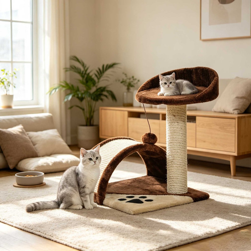 Cat Tree Kitten Activity Centre with Sisal Scratching Post & Hanging Toy Ball, Beige, Brown