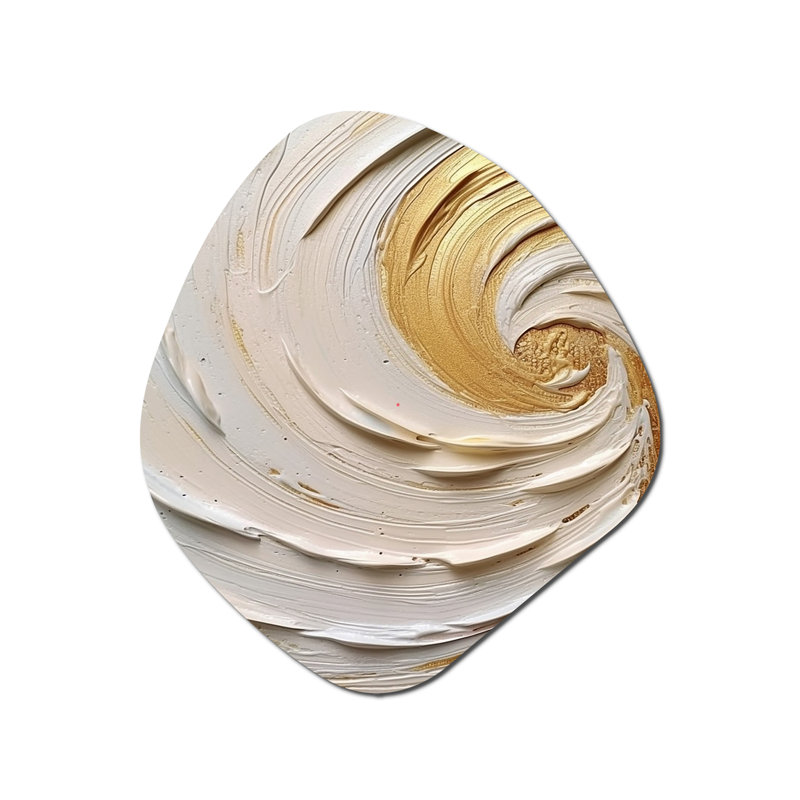 Or éternel tourbillon IV - spirales abstraites, art mural en métal, impression asymétrique dorée, H 28 po x l 25 po