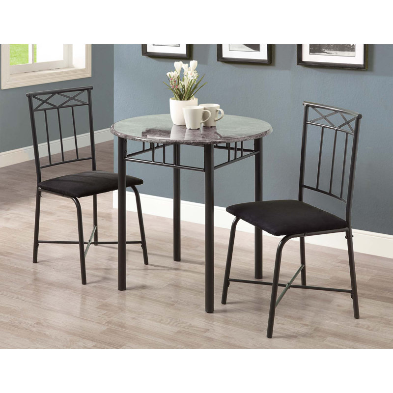Richard 3 Piece Bistro Table And Chairs Set, Round, Grey Top, Black Metal