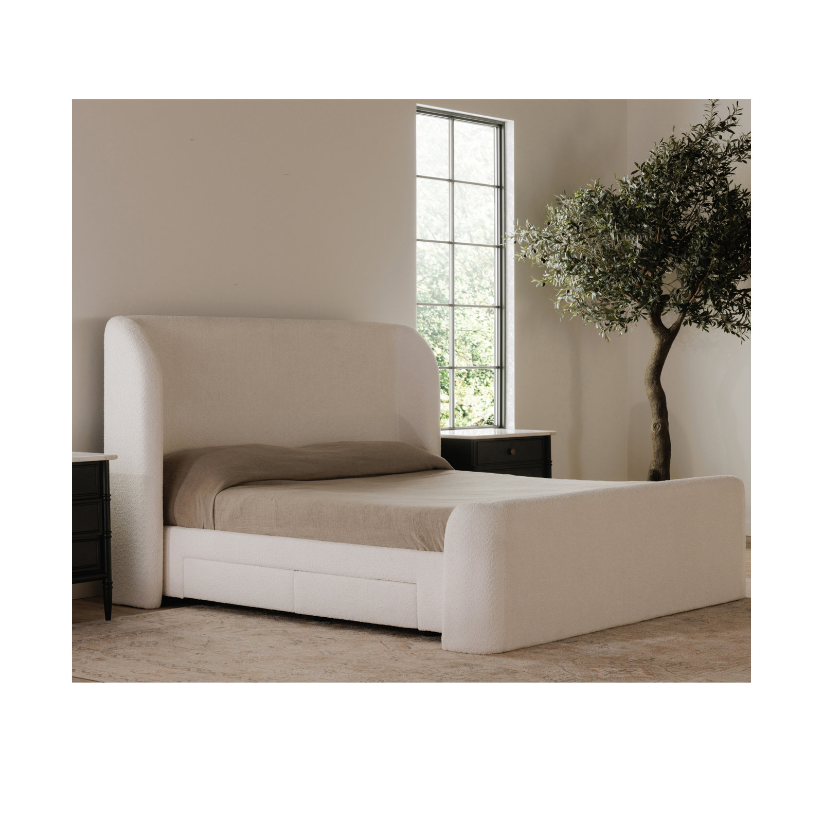Lizzie Upholstered Storage Bed, Queen, Cream Boucle