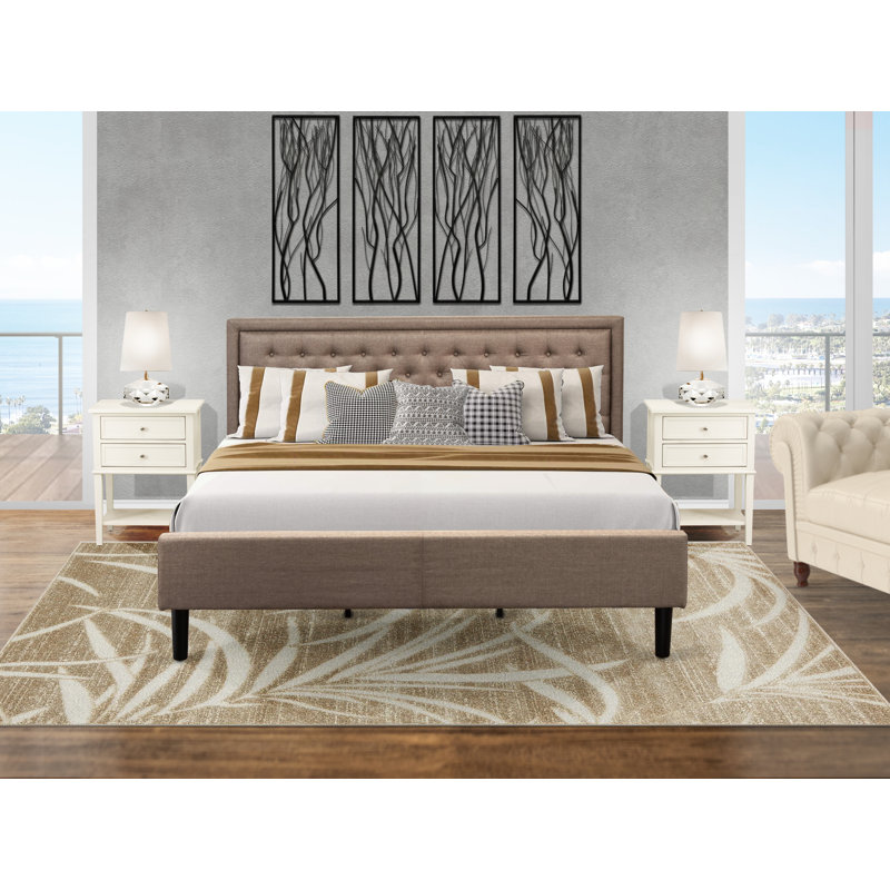 Ensemble de chambre à coucher en bois 3 pièces - 1 tête de lit moderne en tissu de lin brun rembourré et tête de lit capitonnée avec 2 tables de chevet - Table de chevet au fini crème au beurre brossé