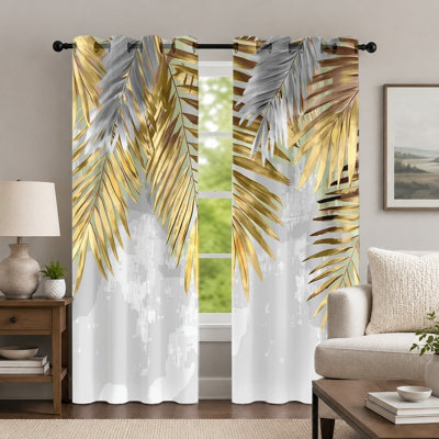 2Pcs Gold and Grey Palm Leaf Curtains, Tropical Botanical Style Curtain, Elegant Nature Inspired Printed Art Grommet Drapes, Window Treatment for Bedroom Living Room Decor